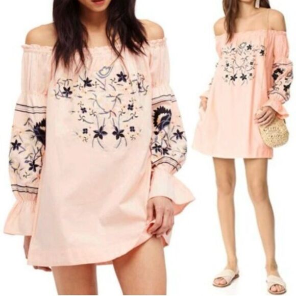 Free People Peach Navy Floral Embroidered Off Shoulder Mini Tunic Dress - Picture 1 of 16